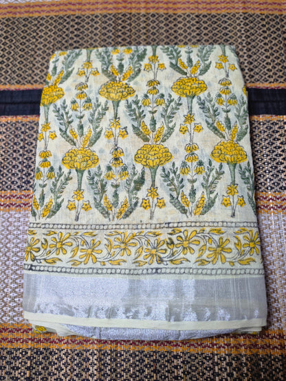Linen Cotton Saree Cream & Yellow Floral Handblock Printed - LCS1000128