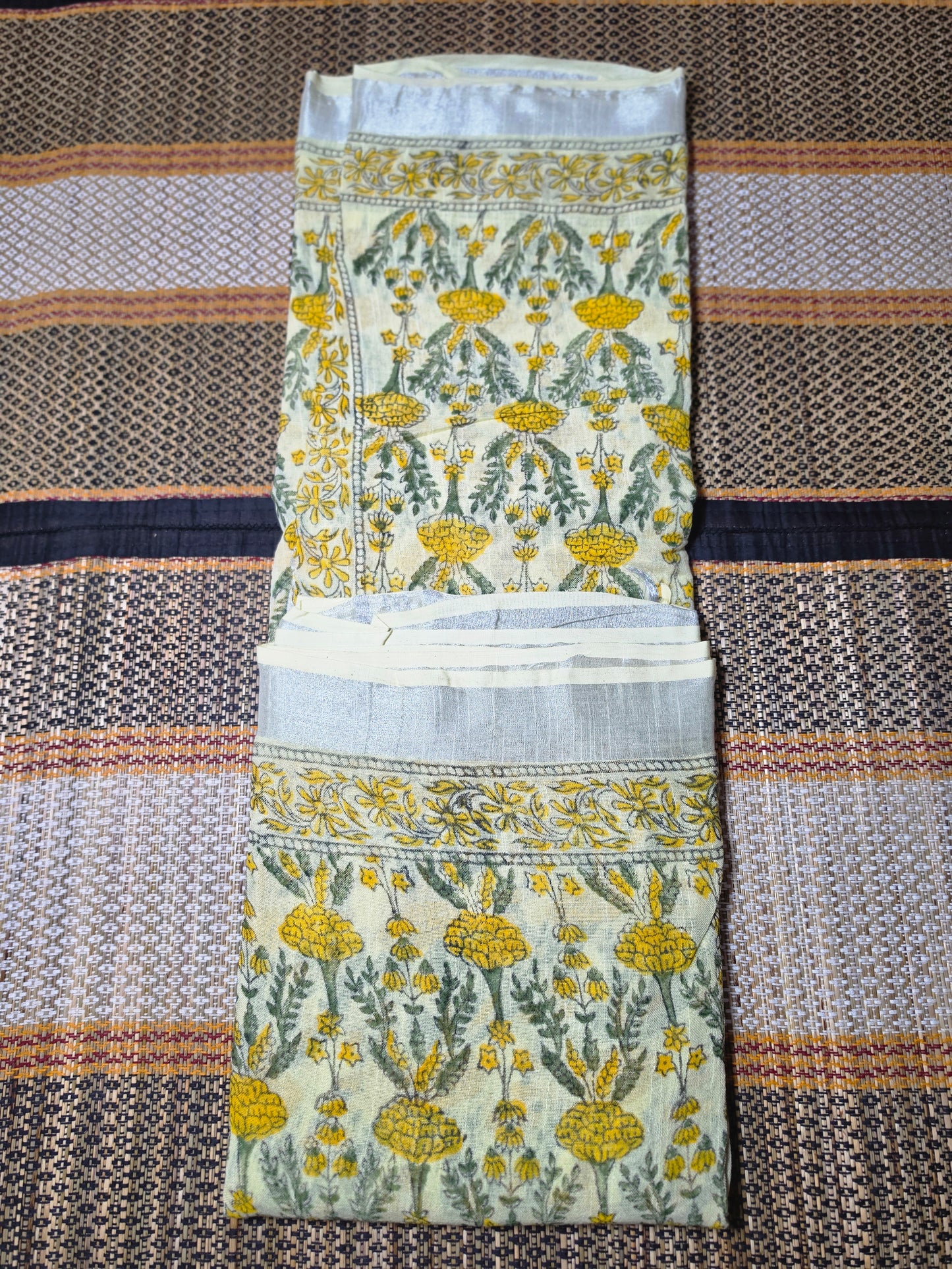 Linen Cotton Saree Cream & Yellow Floral Handblock Printed - LCS1000128
