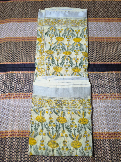 Linen Cotton Saree Cream & Yellow Floral Handblock Printed - LCS1000128