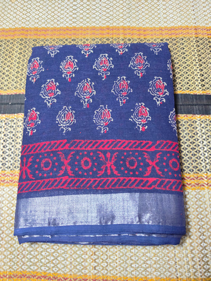 Linen Cotton Saree Indigo Blue & Magenta Floral Handblock Printed - LCS100129