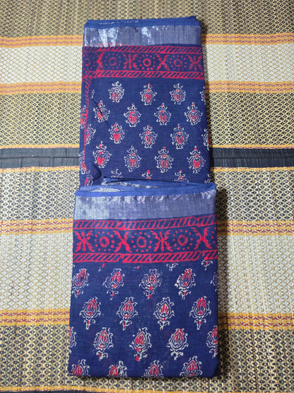 Linen Cotton Saree Indigo Blue & Magenta Floral Handblock Printed - LCS100129
