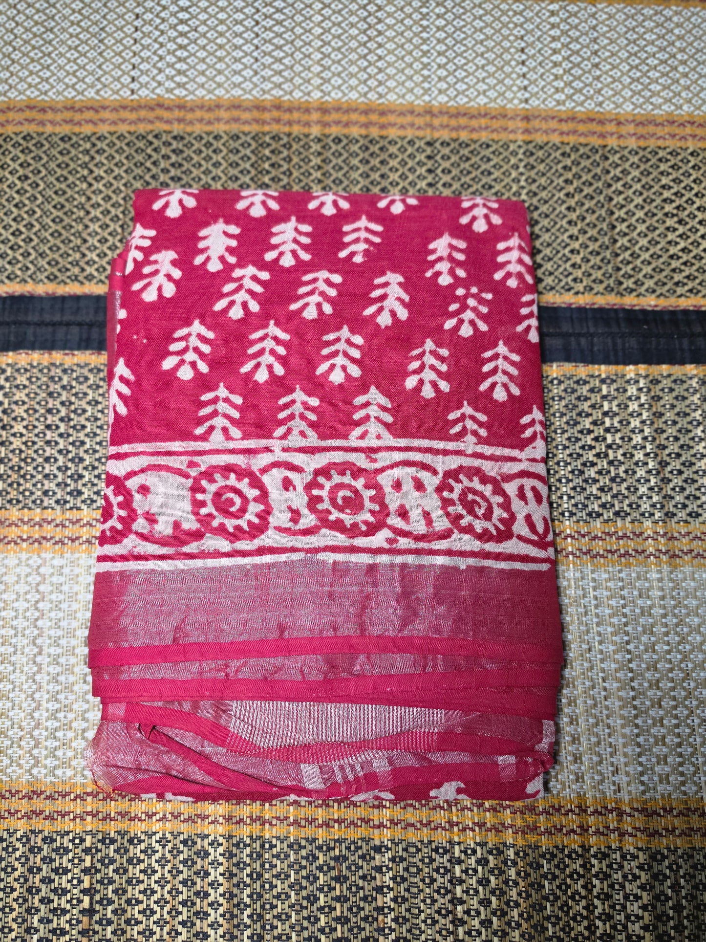Linen Cotton Saree Vibrant Crimson Red Tree Motif Handblock Printed - LCS100130