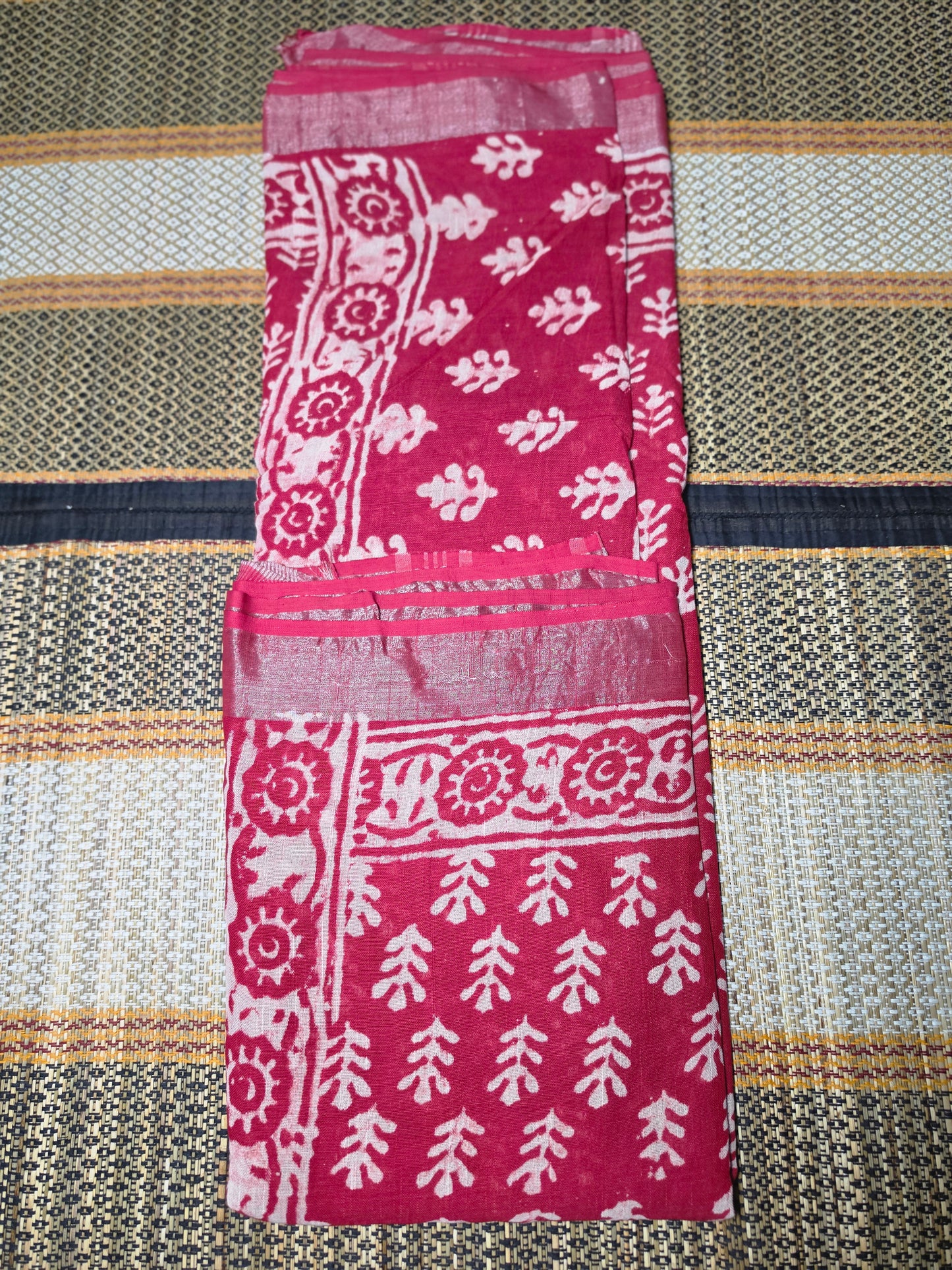 Linen Cotton Saree Vibrant Crimson Red Tree Motif Handblock Printed - LCS100130