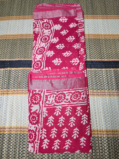 Linen Cotton Saree Vibrant Crimson Red Tree Motif Handblock Printed - LCS100130