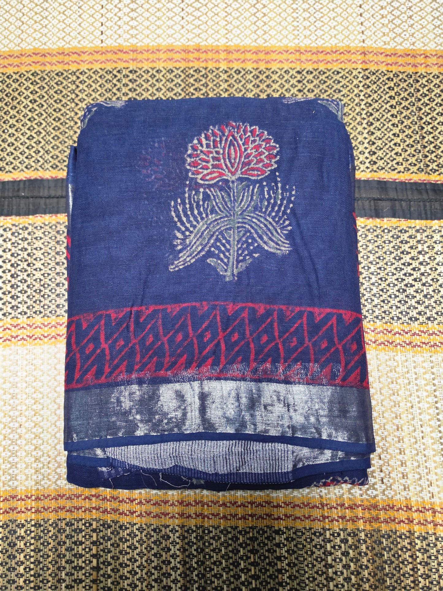 Linen Cotton Saree Deep Navy & Red Floral Handblock Printed - LCS100131