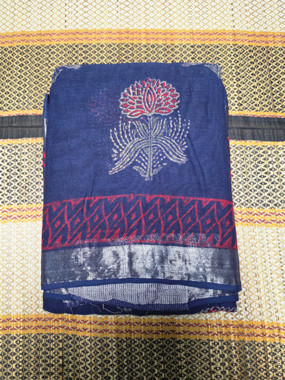 Linen Cotton Saree Deep Navy & Red Floral Handblock Printed - LCS100131