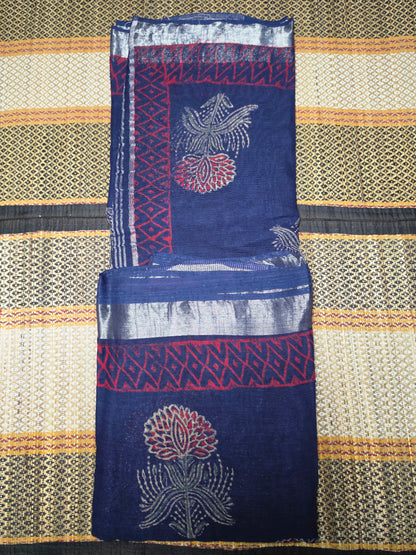 Linen Cotton Saree Deep Navy & Red Floral Handblock Printed - LCS100131