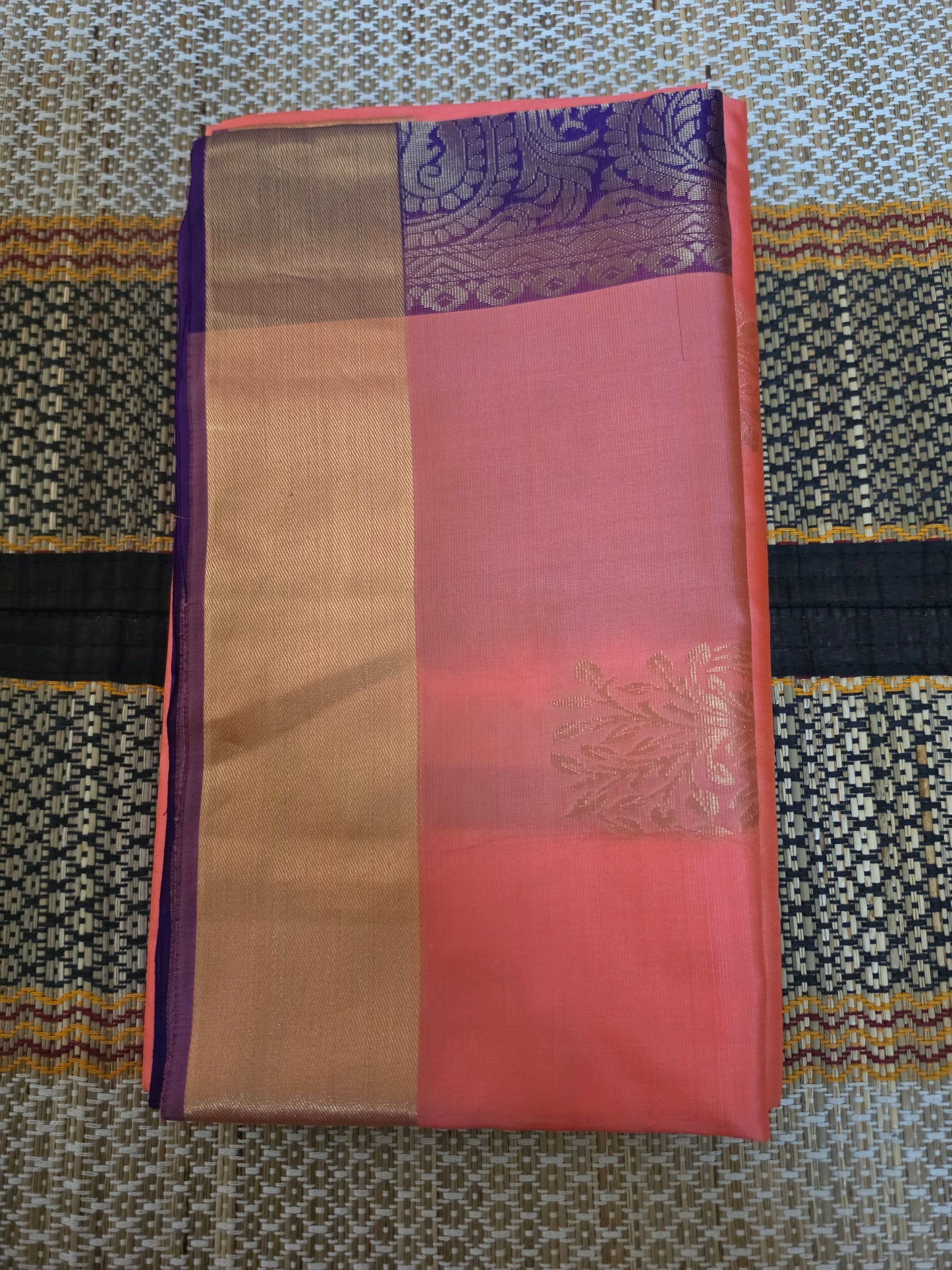 Peach & Royal Purple Pure Silk Saree with Gold Zari Border (Silk Mark Certified) - PS1000133