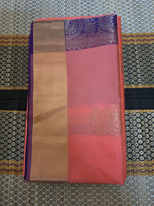 Peach & Royal Purple Pure Silk Saree with Gold Zari Border (Silk Mark Certified) - PS1000133