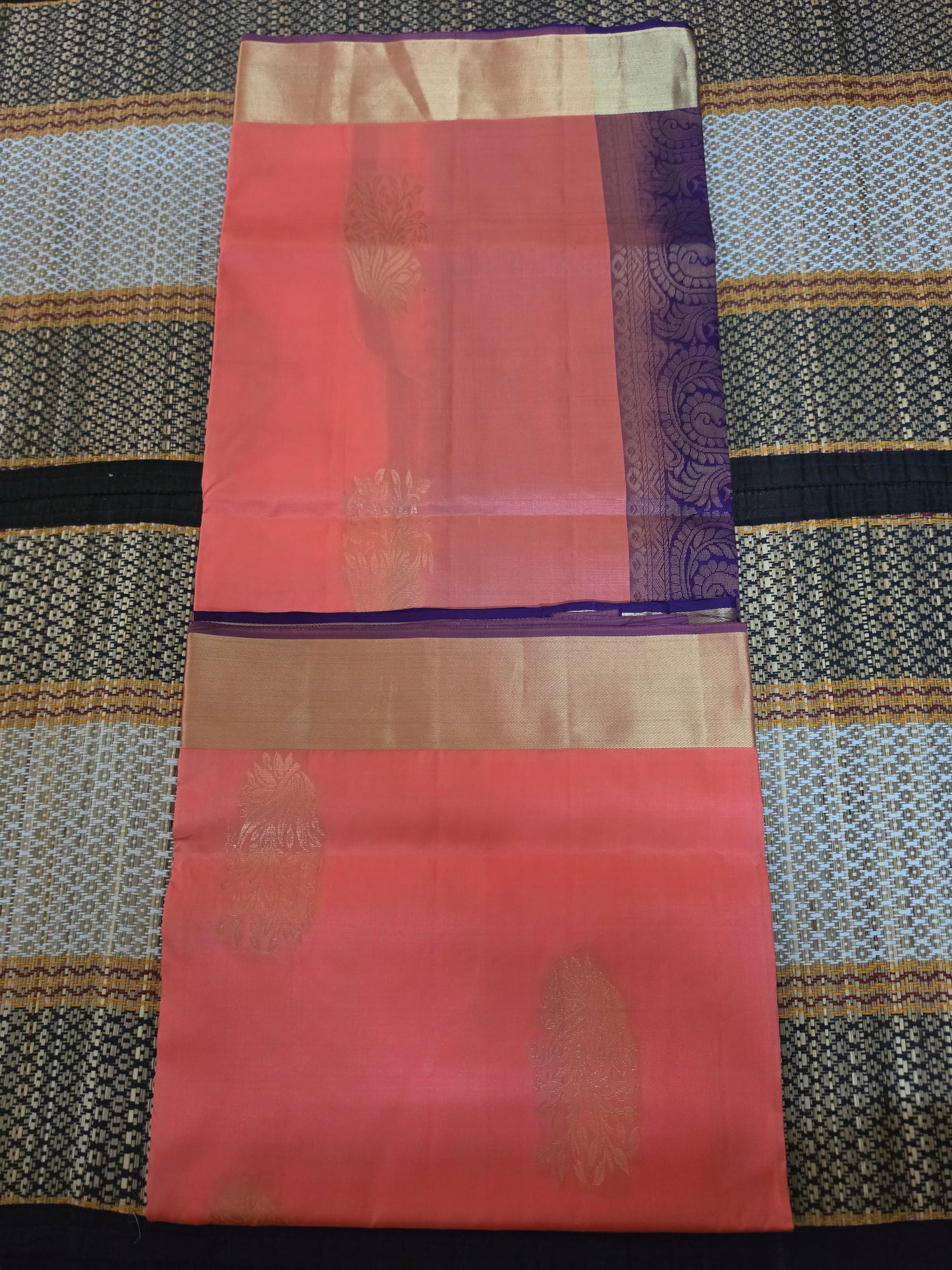 Peach & Royal Purple Pure Silk Saree with Gold Zari Border (Silk Mark Certified) - PS1000133
