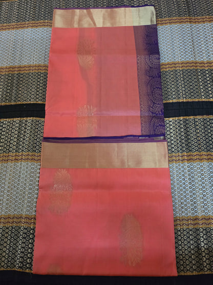 Peach & Royal Purple Pure Silk Saree with Gold Zari Border (Silk Mark Certified) - PS1000133