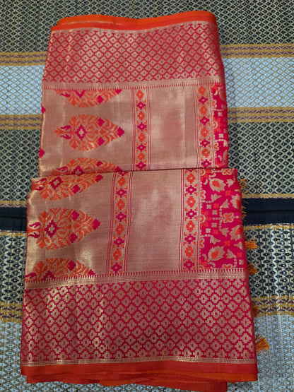 Semi Kathan Silk Saree - Red & Orange - KSS100134