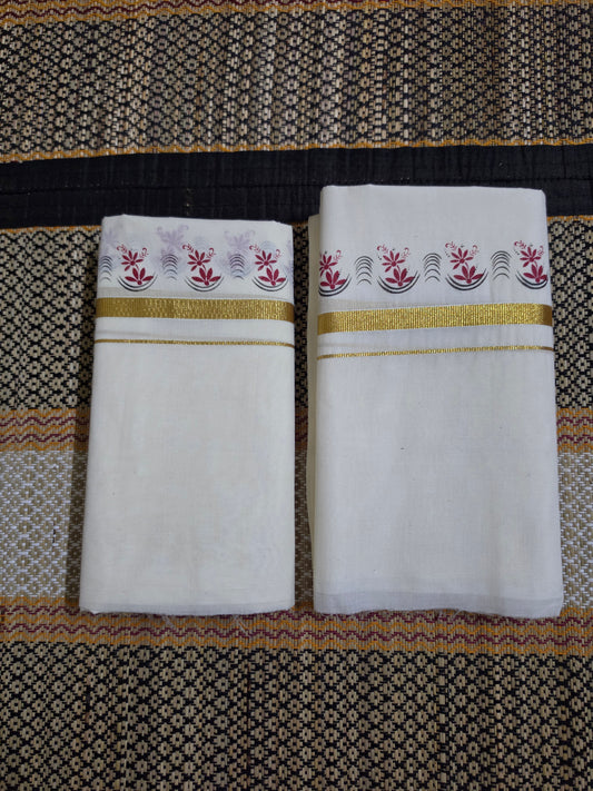Set Mundu with Gold Zari and Red Arch Motif - SMP100097
