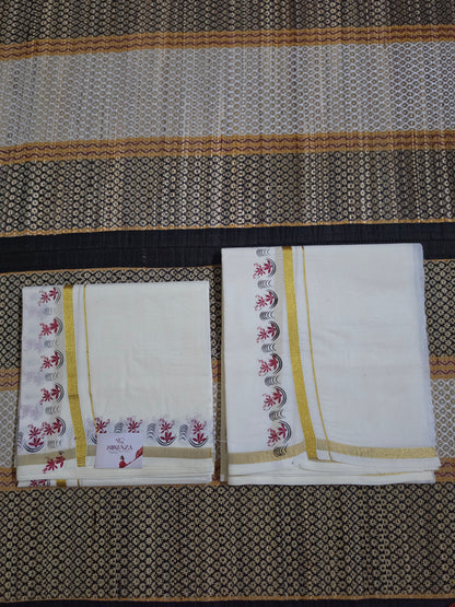 Set Mundu with Gold Zari and Red Arch Motif - SMP100097