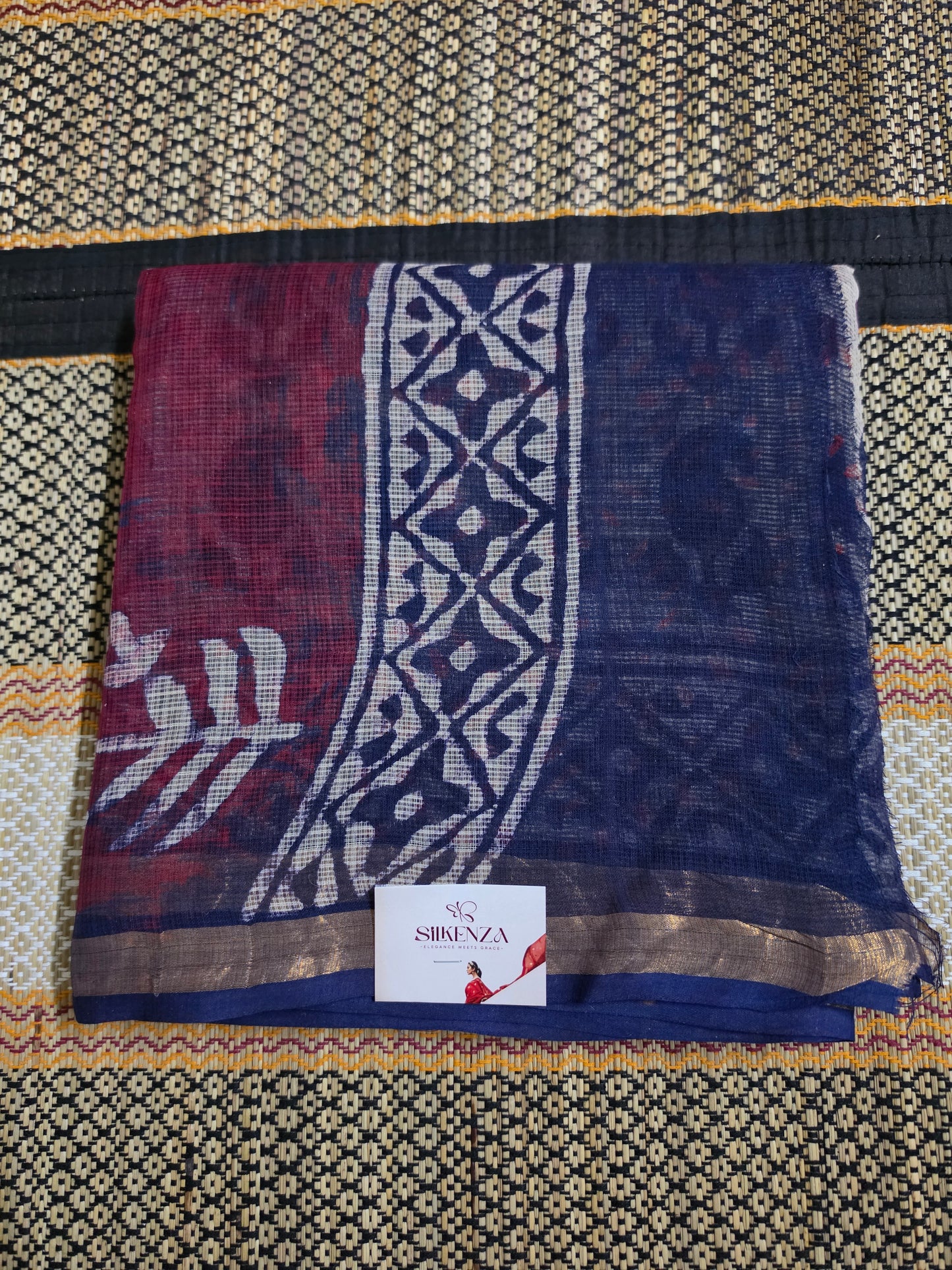 Cotton Kotadoriya Saree - Vegetable dyed & Handblocked Navy Blue & Maroon - CKDS100136