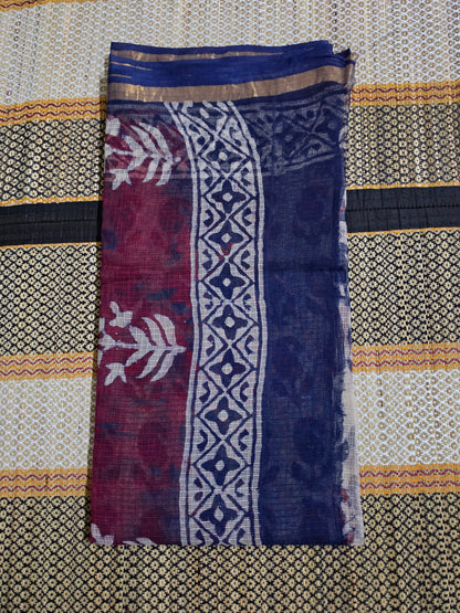 Cotton Kotadoriya Saree - Vegetable dyed & Handblocked Navy Blue & Maroon - CKDS100136