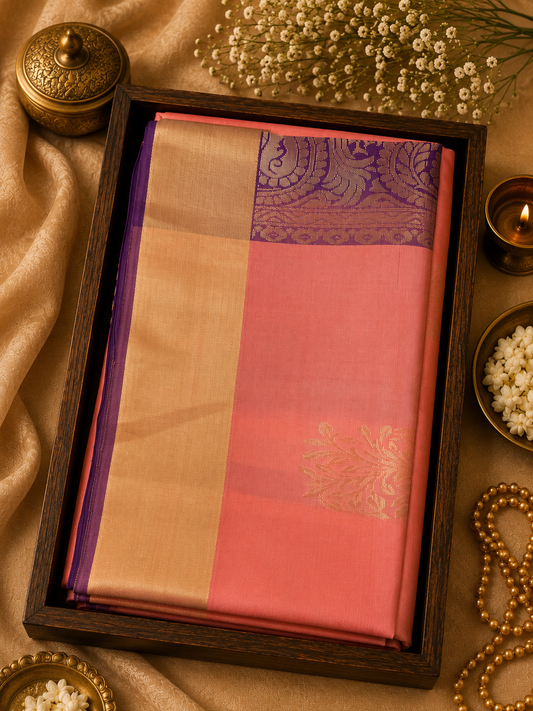 Peach & Royal Purple Pure Silk Saree with Gold Zari Border (Silk Mark Certified) - PS1000133