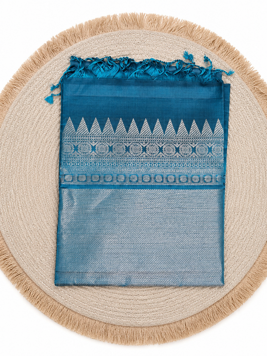 Pure Soft Silk Saree - Teal Blue With Silver Zari (Handloom mark and Silk Mark) - PS100040