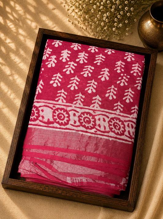 Linen Cotton Saree Vibrant Crimson Red Tree Motif Handblock Printed - LCS100130