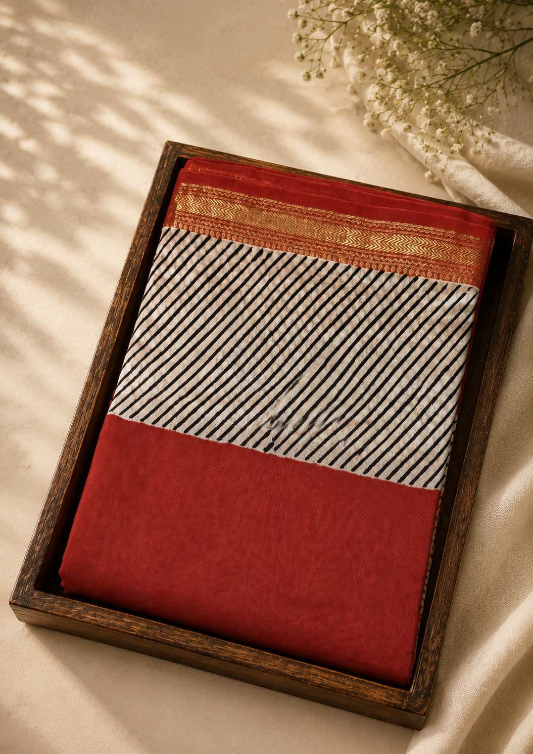 Maheshwari Silk Saree - Red with Black Stripes - Handblock Print - MSS100121