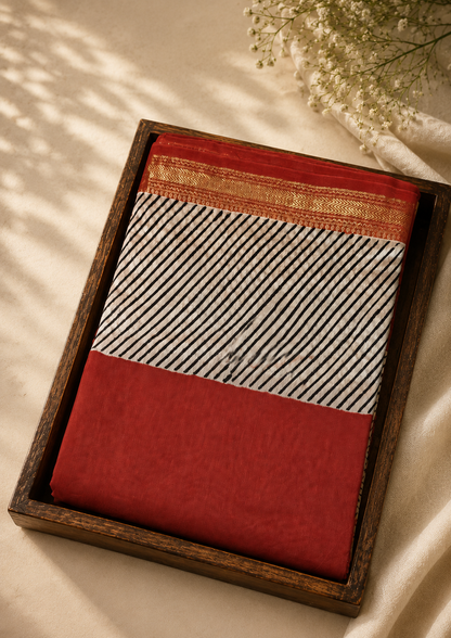 Maheshwari Silk Saree - Red with Black Stripes - Handblock Print - MSS100121