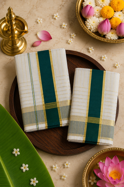 Set Mundu Dark Green and Gold Kasavu with Pinstripes - SMP100094