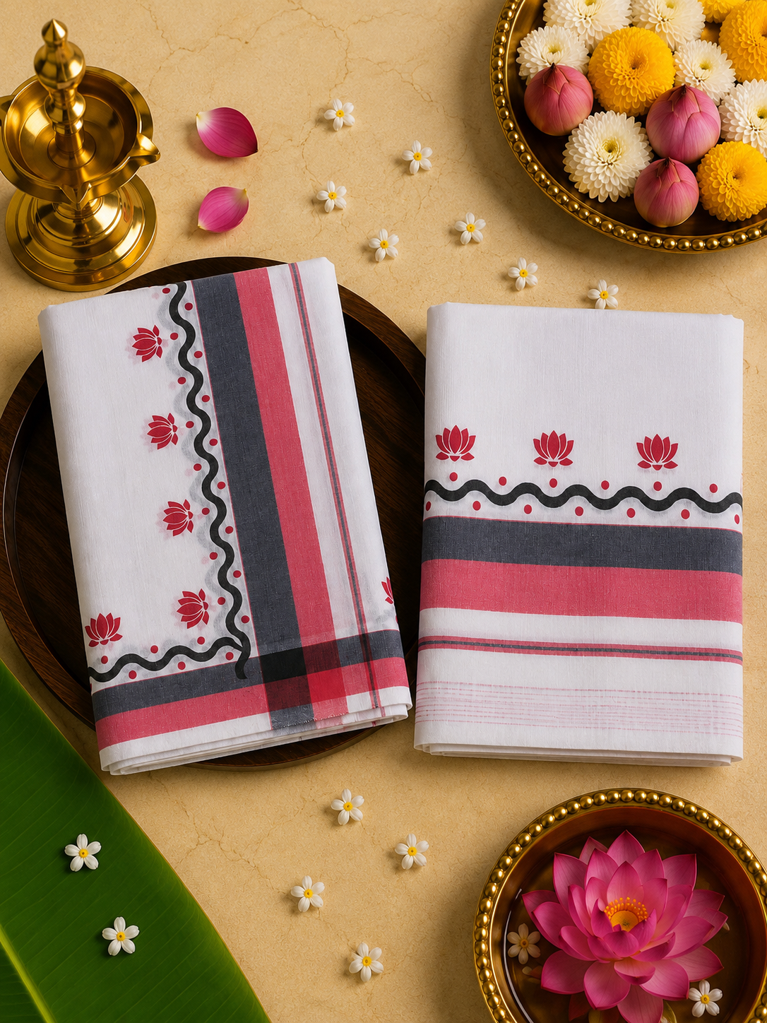 Set Mundu - Pink Lotus Motif - SMP100099