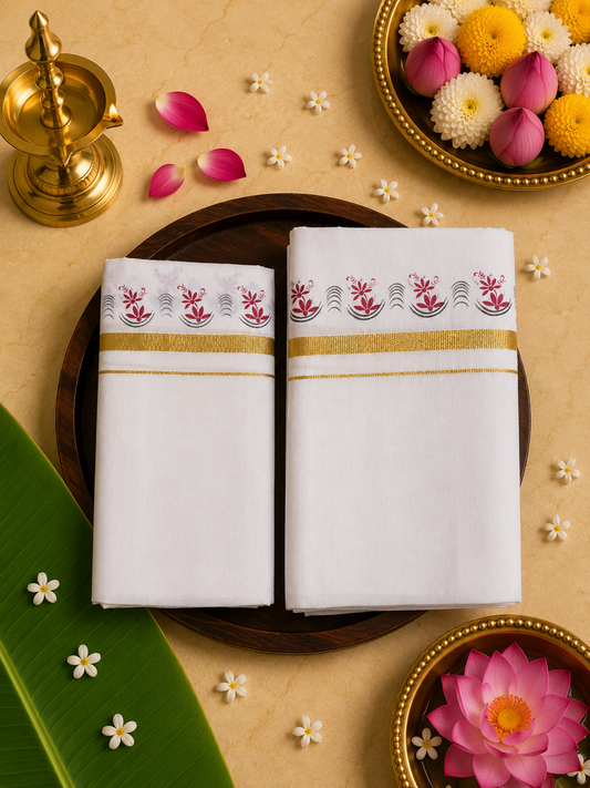 Set Mundu with Gold Zari and Red Arch Motif - SMP100097