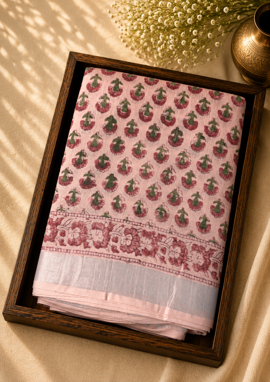 Linen Cotton Saree Blush Pink Floral Handblock Printed  - LCS1000126