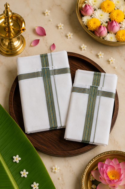 Set Mundu Handloom - Olive Green & Gold - SMH100085