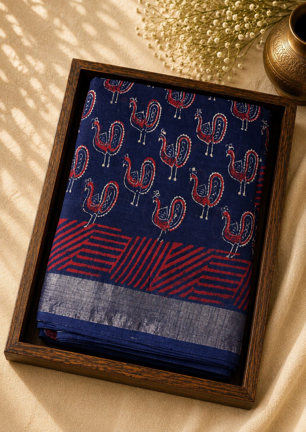 Linen Cotton Saree Indigo Blue & Crimson Red Peacock Motif Handblock Print - LCS1000125