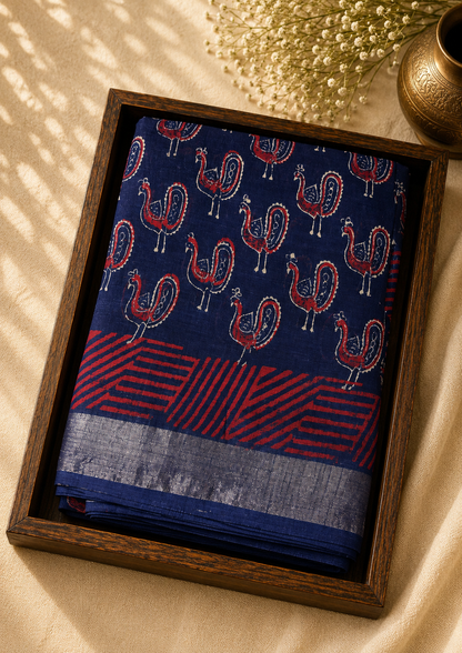 Linen Cotton Saree Indigo Blue & Crimson Red Peacock Motif Handblock Print - LCS1000125