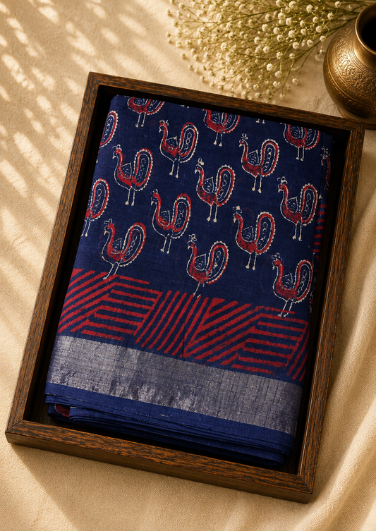 Linen Cotton Saree Indigo Blue & Crimson Red Peacock Motif Handblock Print - LCS1000125