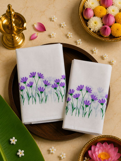 Set Mundu Off-White Floral Print with Purple Blooms - SMP100096