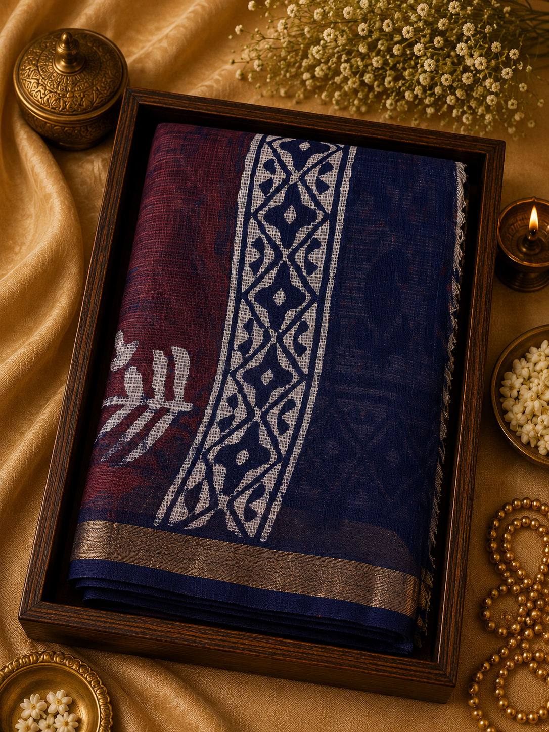 Cotton Kotadoriya Saree - Vegetable dyed & Handblocked Navy Blue & Maroon - CKDS100136