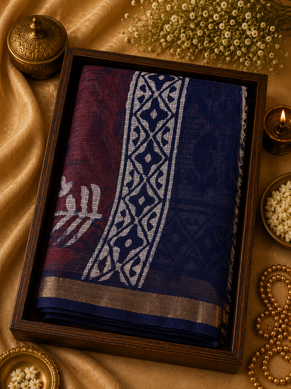 Cotton Kotadoriya Saree - Vegetable dyed & Handblocked Navy Blue & Maroon - CKDS100136