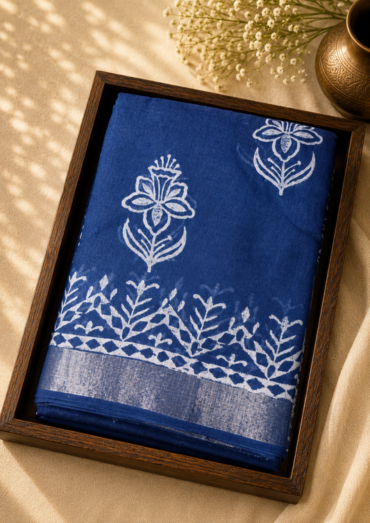 Linen Cotton Saree Indigo Blue Floral Handblock Printed - LCS1000124