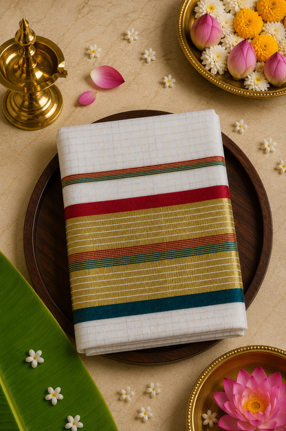 Set Saree Checks Design Golden Red & Green - SSP100119