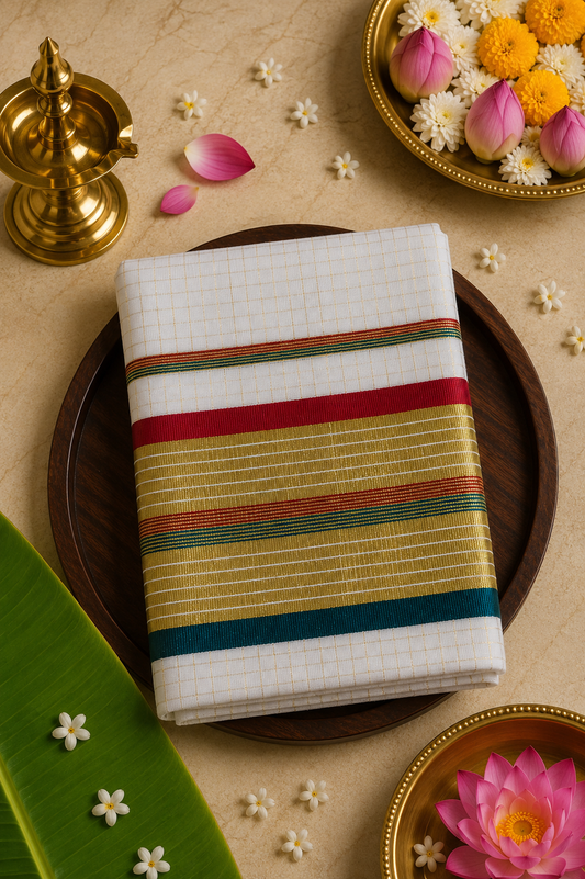 Set Saree Checks Design Golden Red & Green - SSP100119