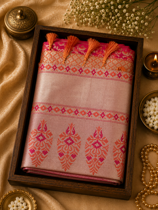 Semi Kathan Silk Saree - Red & Orange - KSS100134