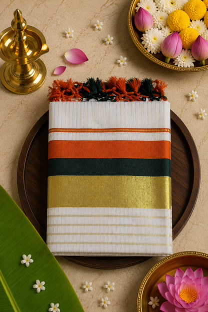 Set Saree Checks With Orange & Green Borders - SSP100117