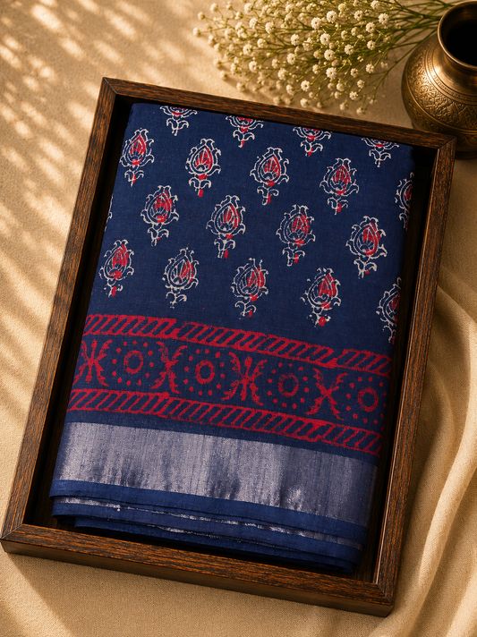 Linen Cotton Saree Indigo Blue & Magenta Floral Handblock Printed - LCS100129