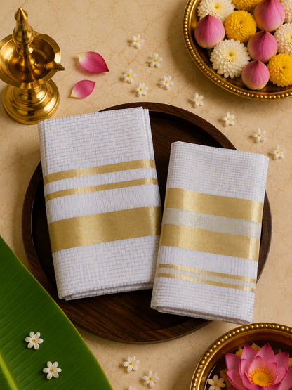 Set Mundu Check Pattern with Thick Golden Kasavu Pallu -SMP100092