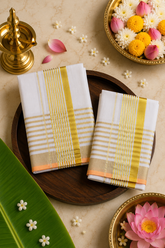 Set Mundu Traditional Kerala with Broad Gold Border and Stripes -SMP100093