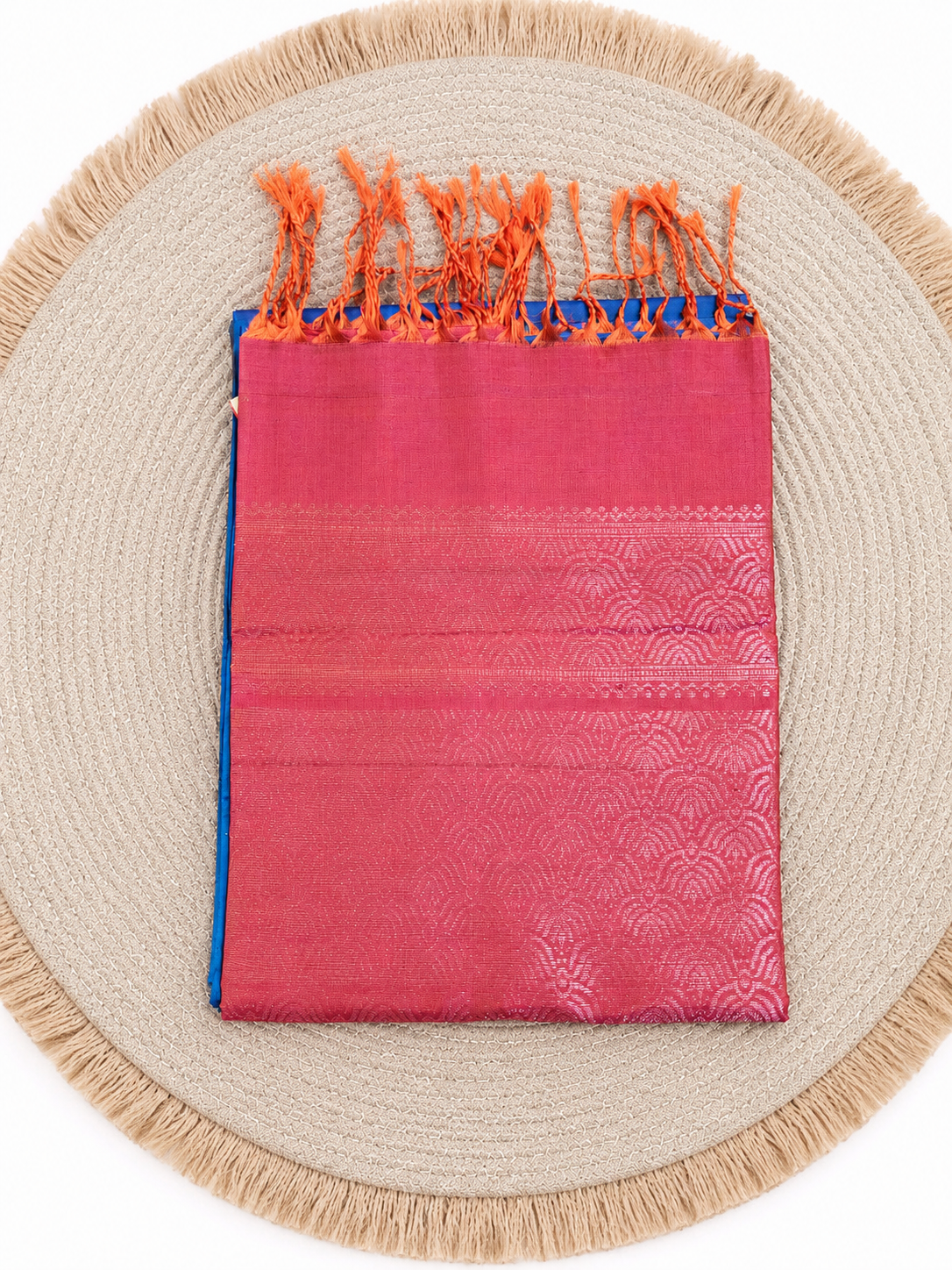 Pure Soft Silk Saree - Peacock Blue & Dark Orange (Handloom mark and Silk Mark) - PS100037