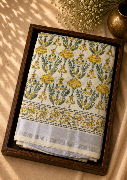 Linen Cotton Saree Cream & Yellow Floral Handblock Printed - LCS1000128