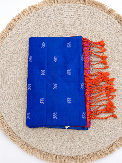 Pure Soft Silk Saree - Peacock Blue & Dark Orange (Handloom mark and Silk Mark) - PS100037