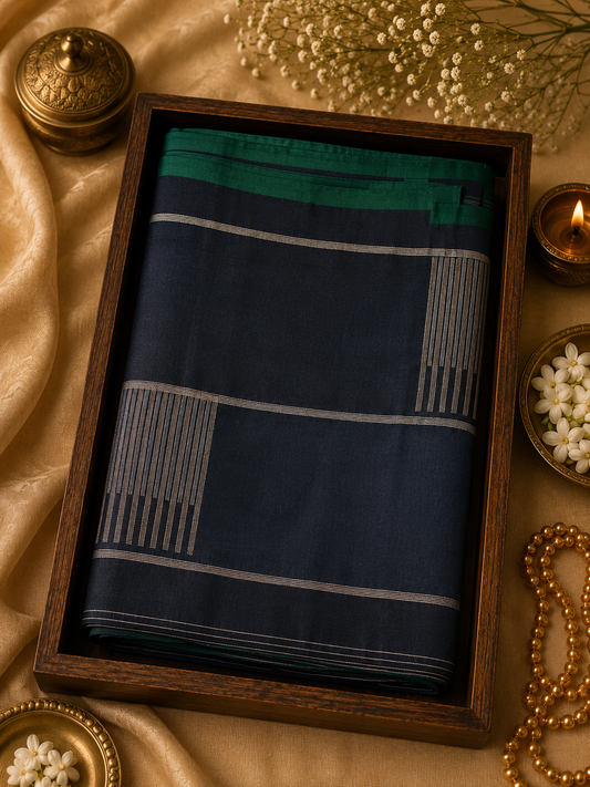 Pure Silk Vaira Oosi Saree - Black & Bottle Green with Silk mark - PS100030
