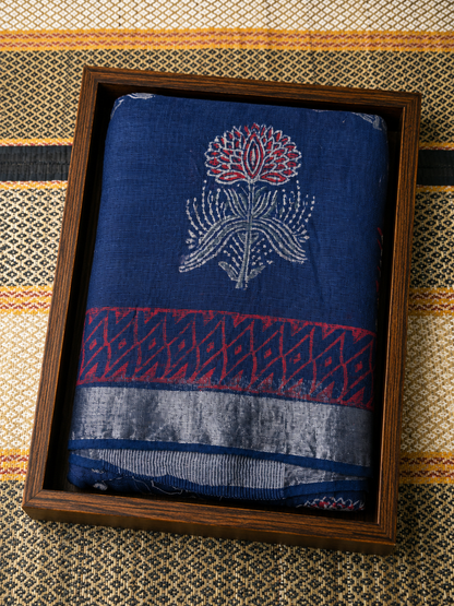Linen Cotton Saree Deep Navy & Red Floral Handblock Printed - LCS100131