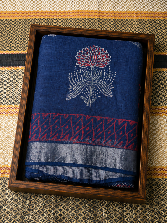 Linen Cotton Saree Deep Navy & Red Floral Handblock Printed - LCS100131